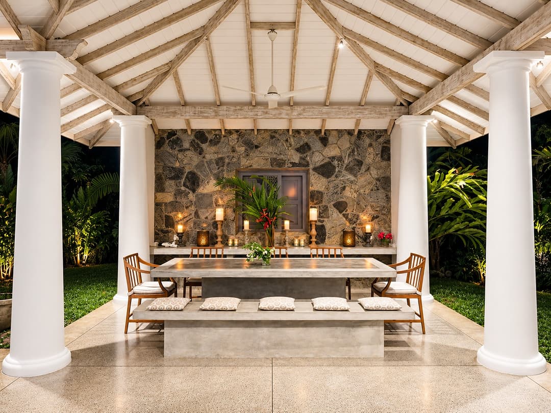 Ahangama pavilion at evening with long table