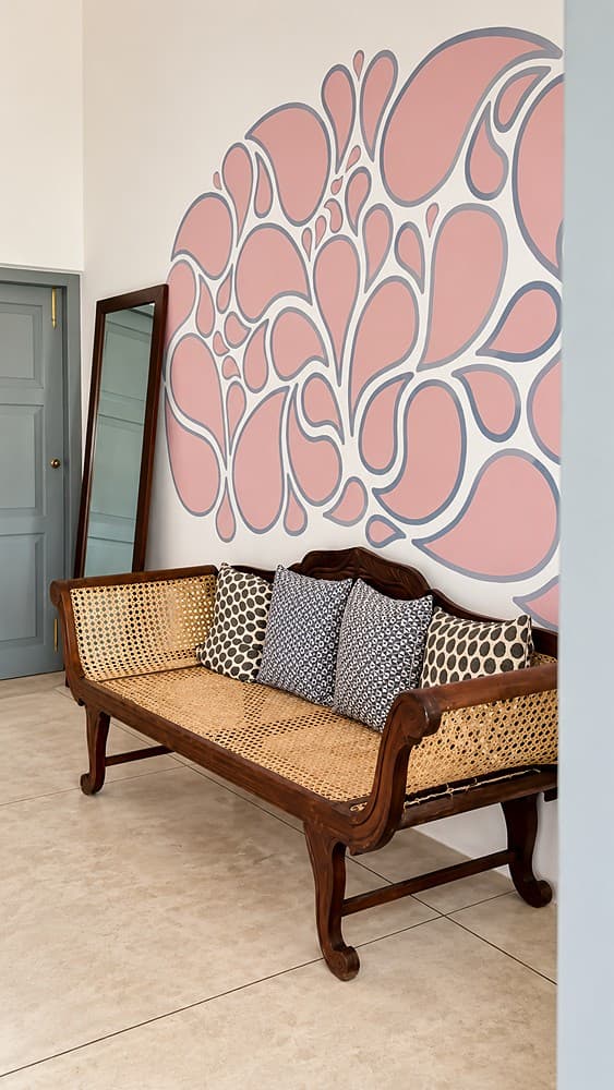 Ahangama bench with pink wall art