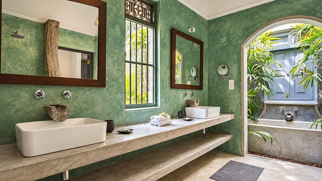Ahangama bathroom with green walls and sink