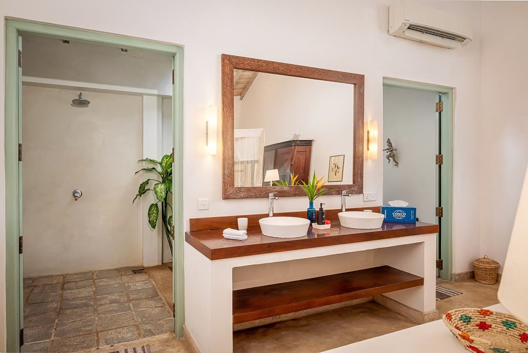 Habaraduwa bathroom double sink teal door alternate