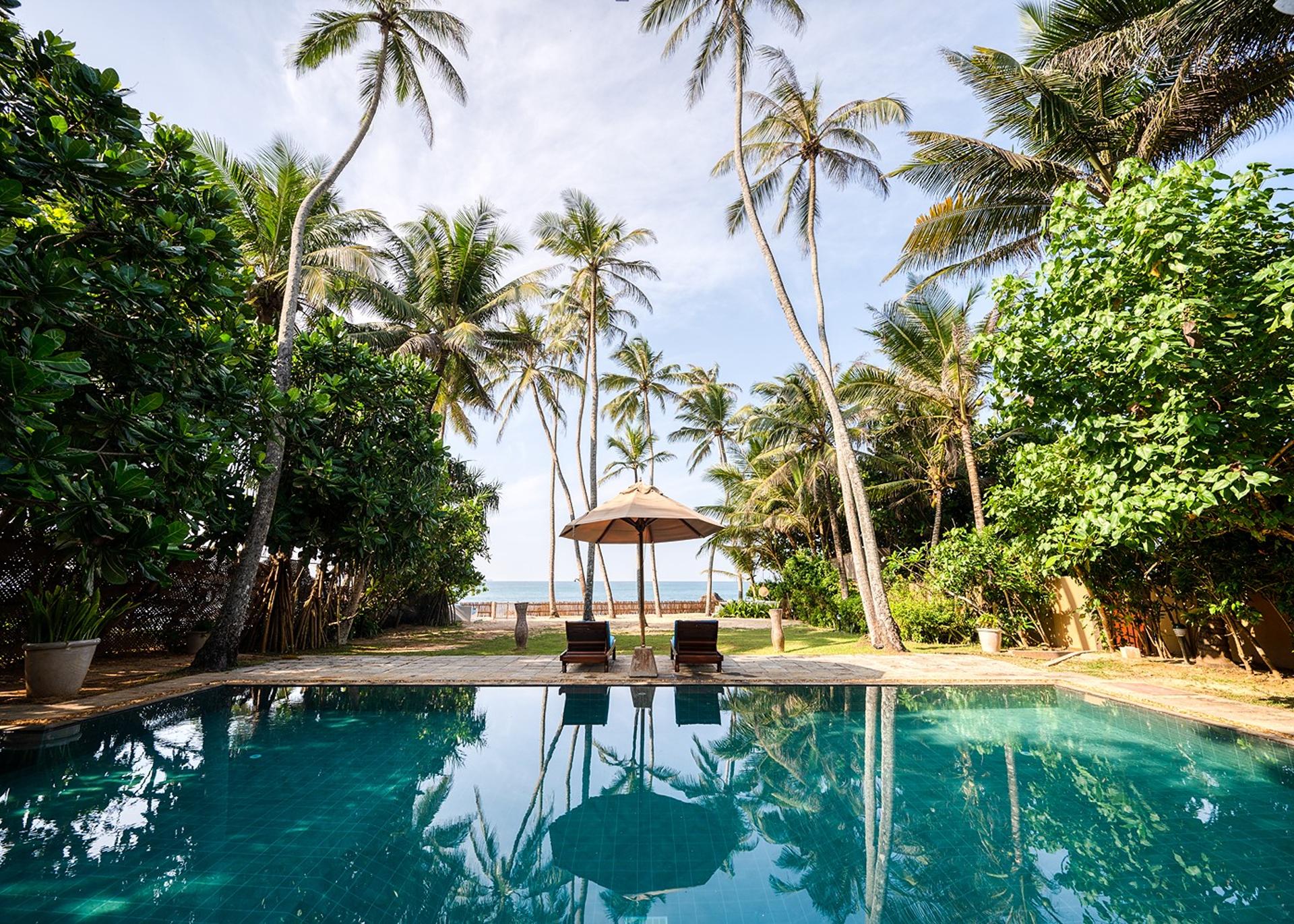 Villa Bleu Unawatuna private pool and garden with coconut palms and blue sky
