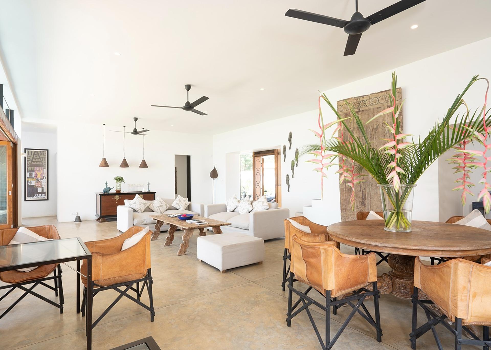 Talpe beachfront villa open plan living and dining with rattan furniture