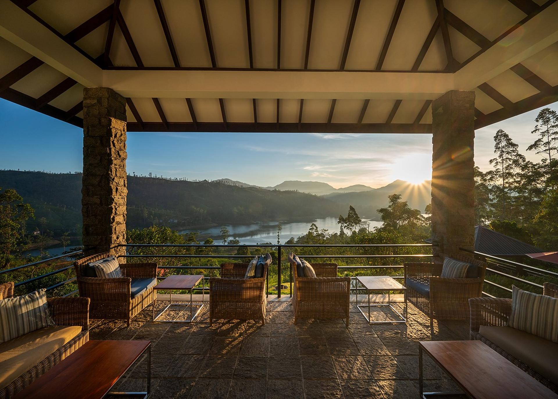Lounge terrace seating with Castlereagh Reservoir view at Camellia Hills, Dickoya