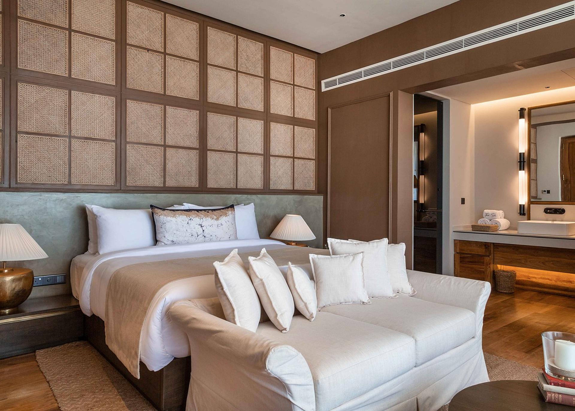 Bedroom in warm natural light at The Six Weligama, Midigama, Weligama, Sri Lanka