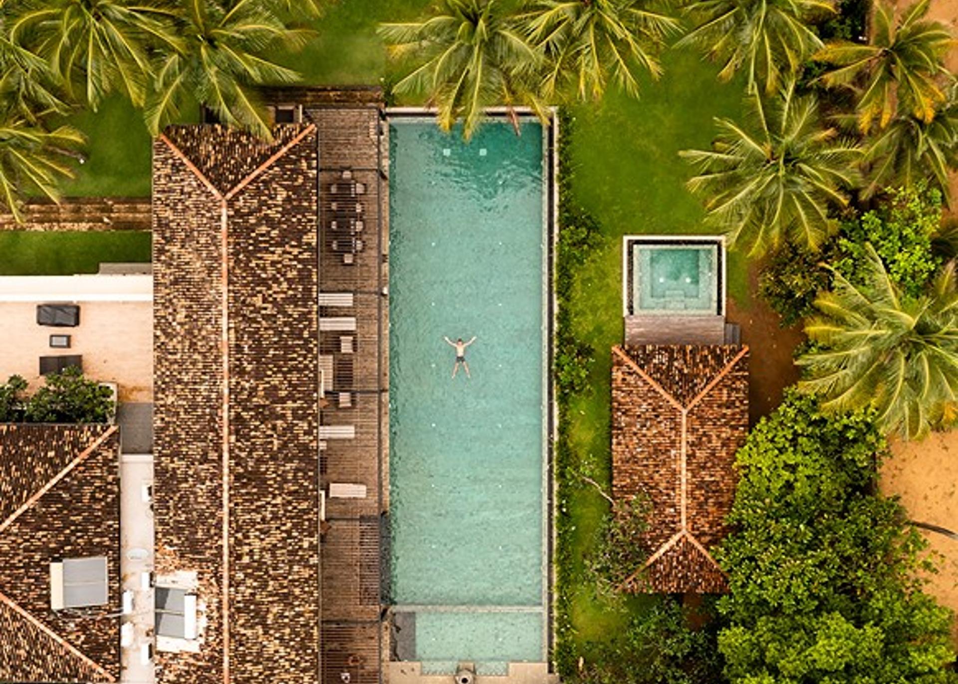 Aerial pool and garden overhead, The Villa by CC Wadduwa