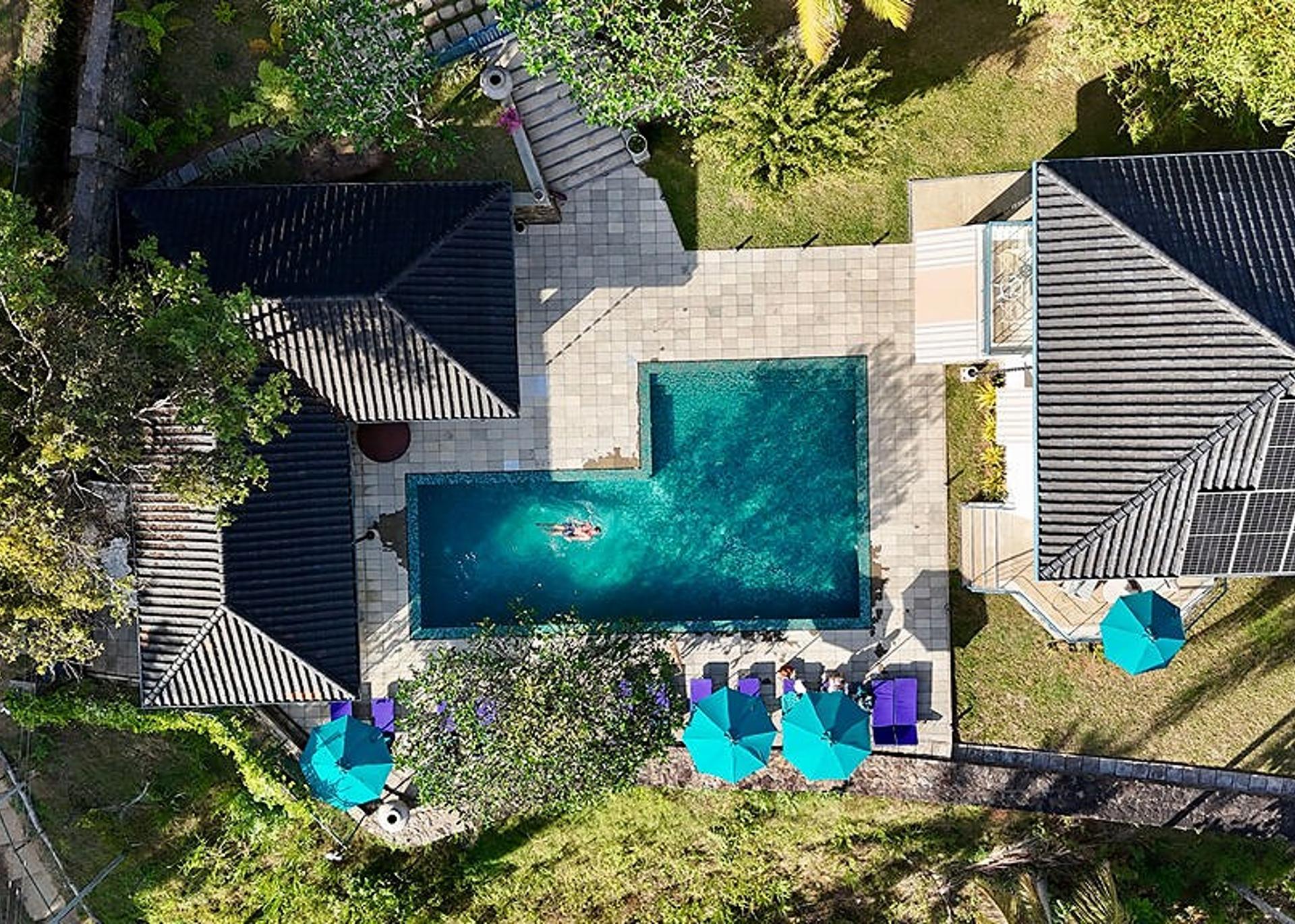 Drone aerial pool angle, Villa Monara Tangalle