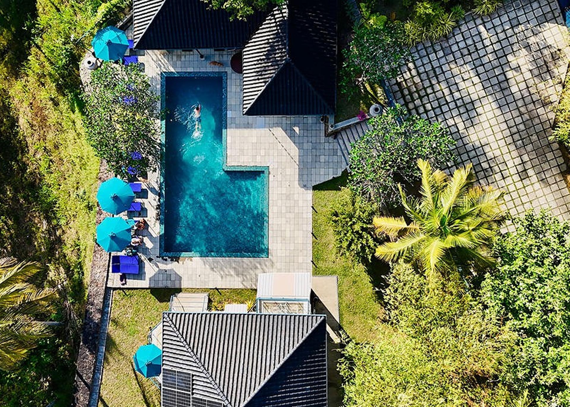 Drone aerial pool and palms, Villa Monara Tangalle