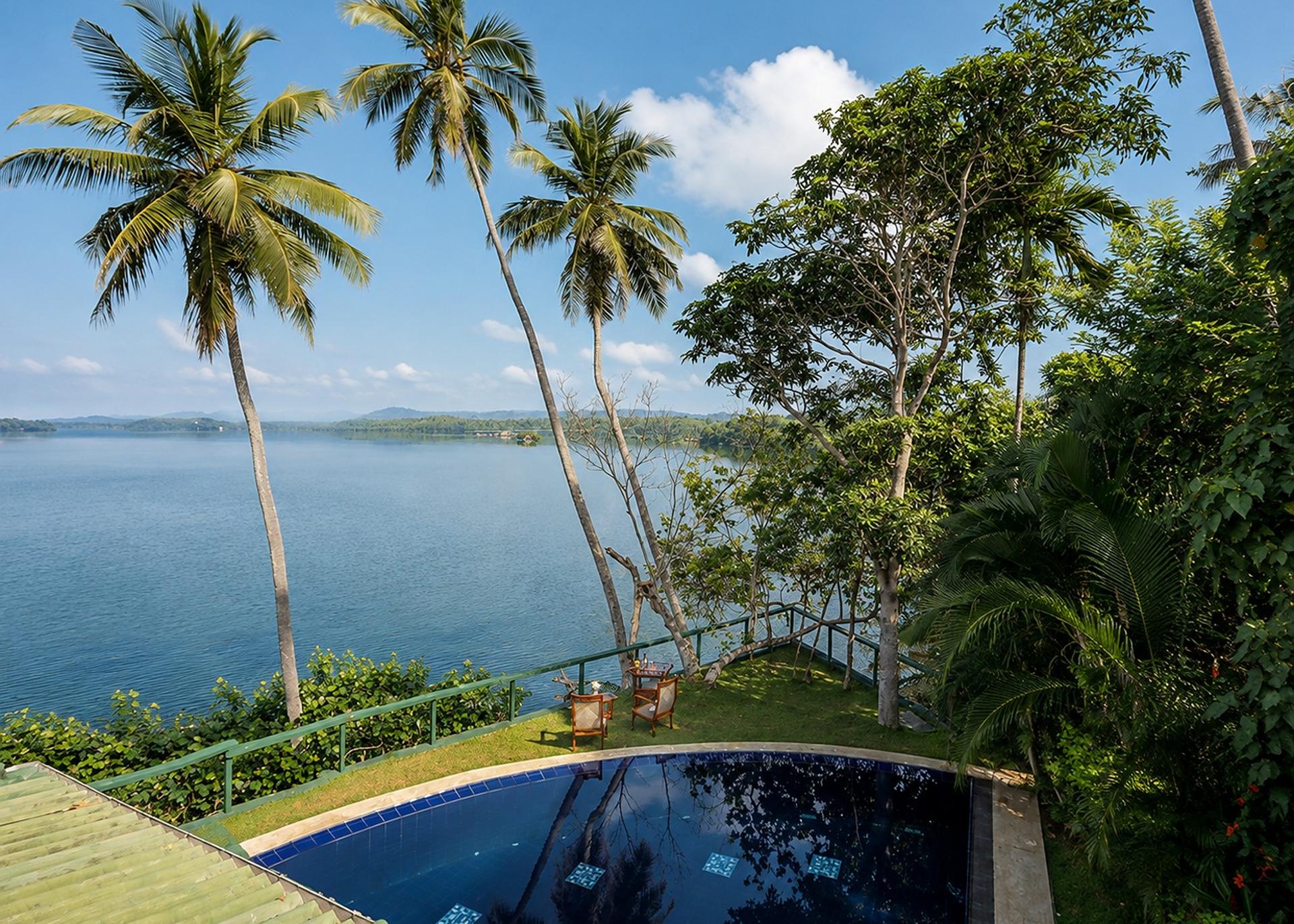 Kingfisher House Koggala aerial view of pool and lake