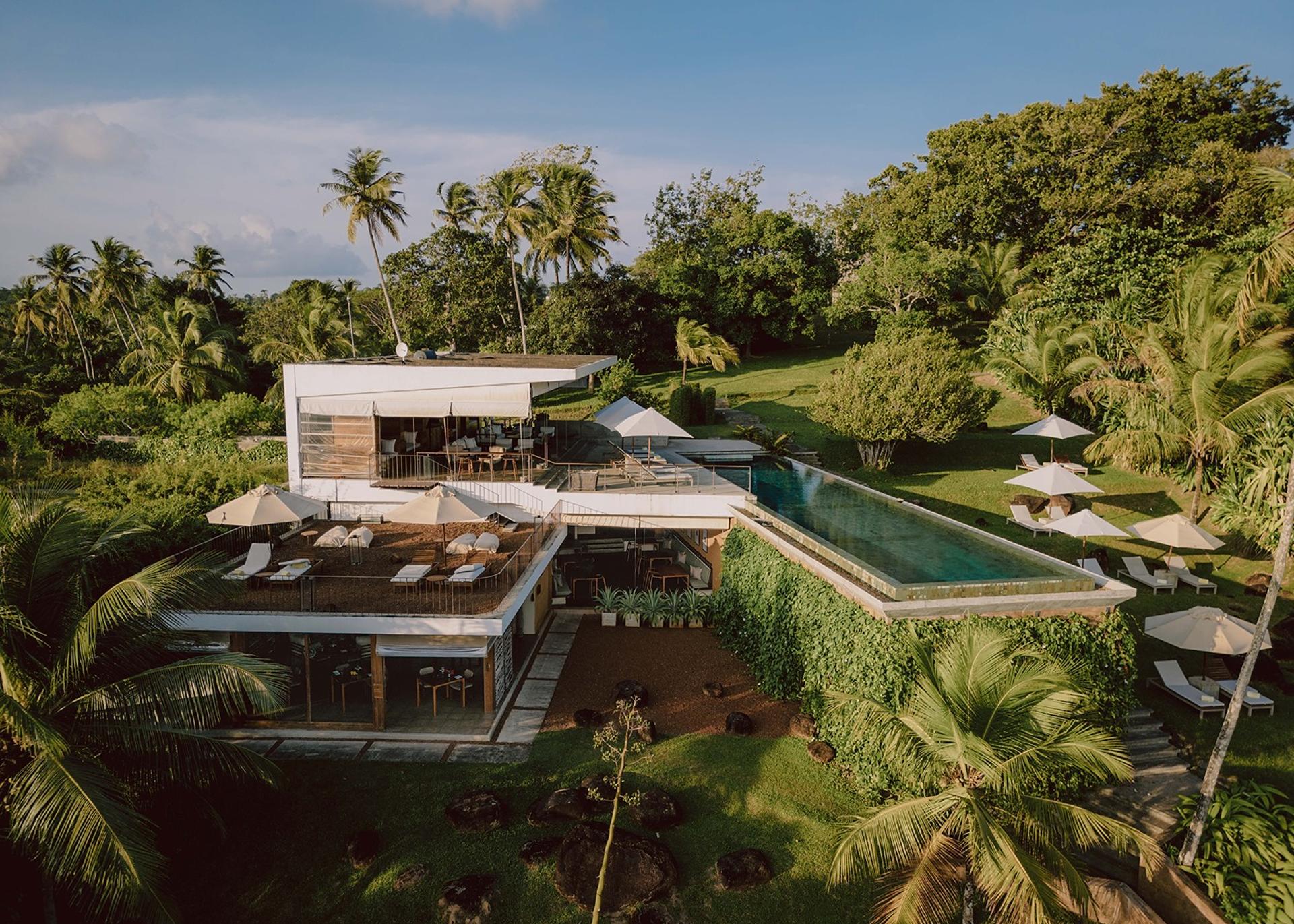 Tri Ahangama aerial view of villa and pool