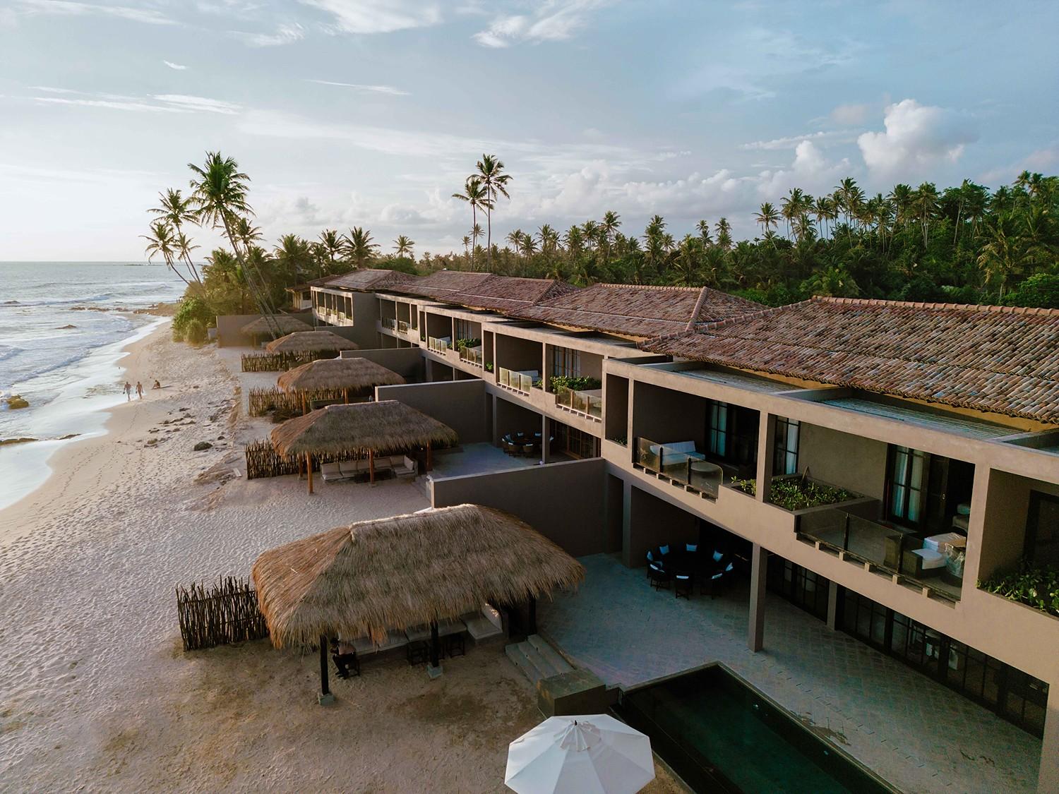Aerial view of The Six Weligama villa length along Midigama beach, Sri Lanka