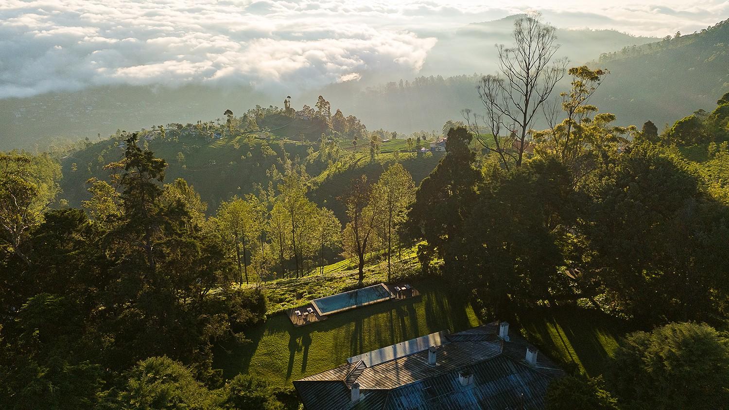 Misty hills aerial panorama, Goatfell Kandapola Sri Lanka
