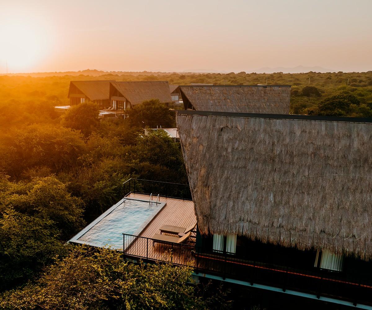 Aerial thatched roof villas location, Kotiyagala Yala