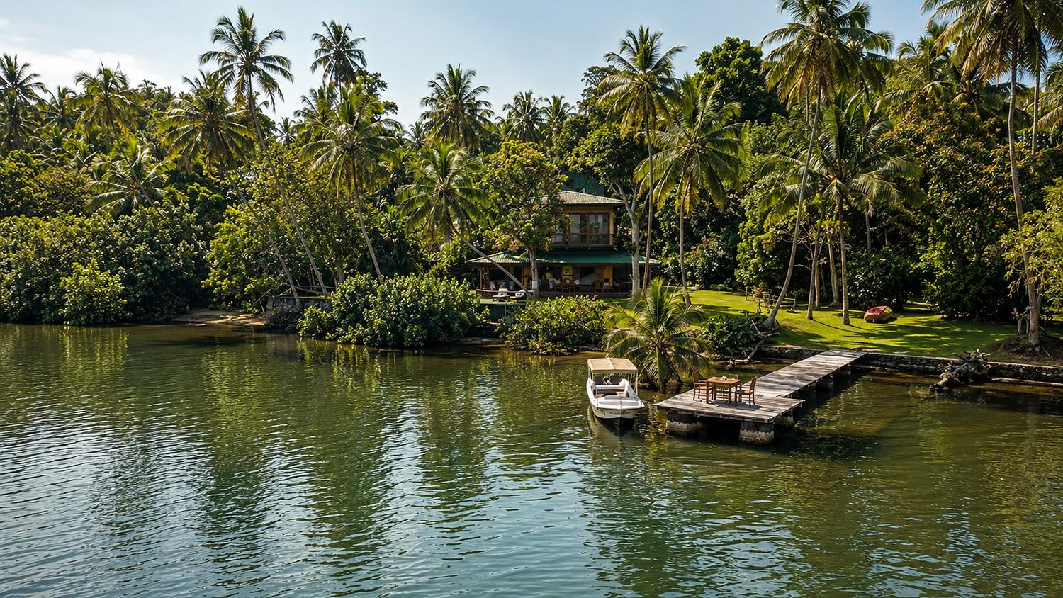 Koggala Lake calm water framed by palm trees